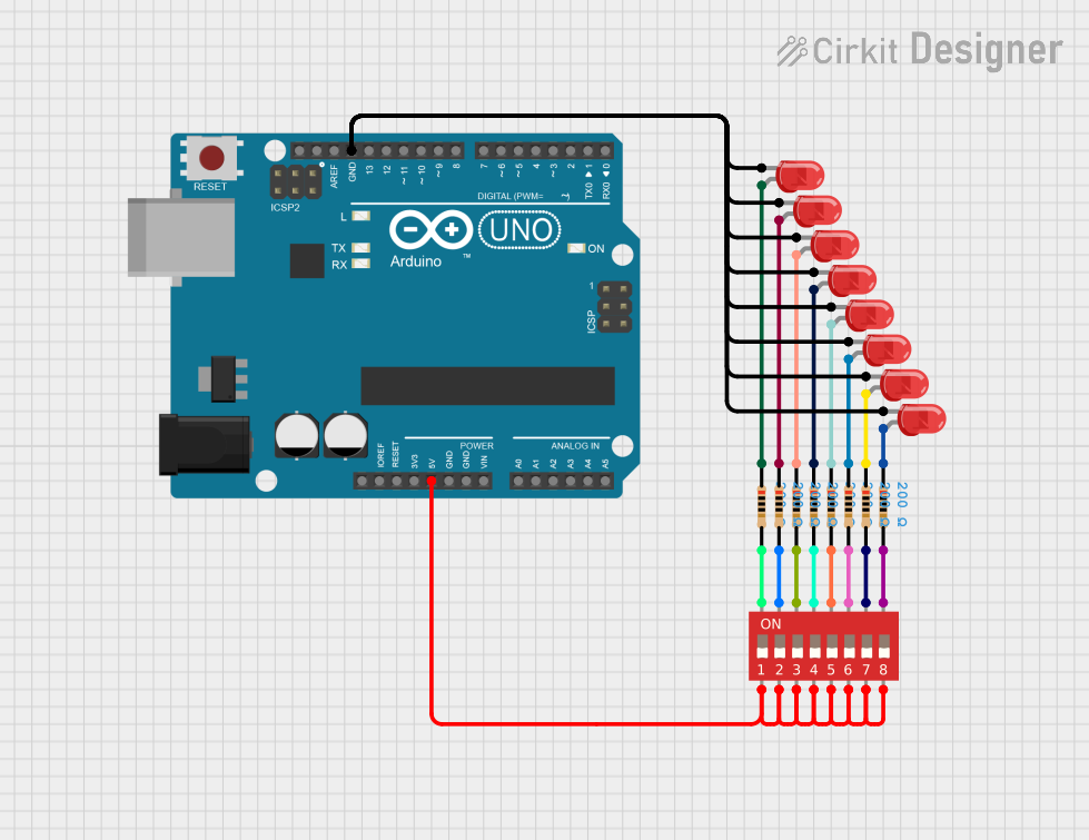 Image of Control LEDs with DIP Switch: A project utilizing DIP Switch (8 Position) in a practical application