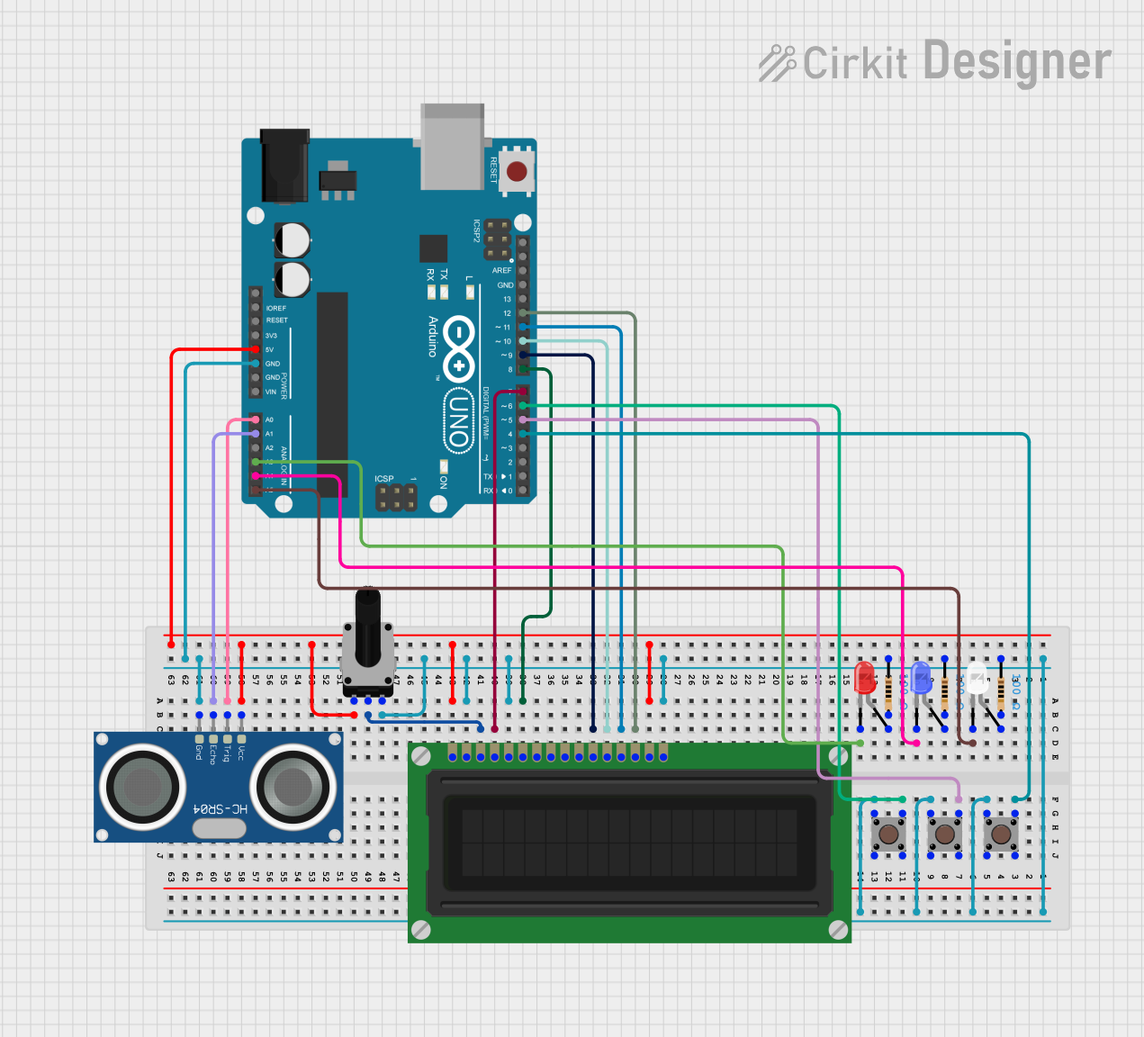 Image of Arduino UNO-Based Ultrasonic Distance Meter with LCD Display and LED Indicators