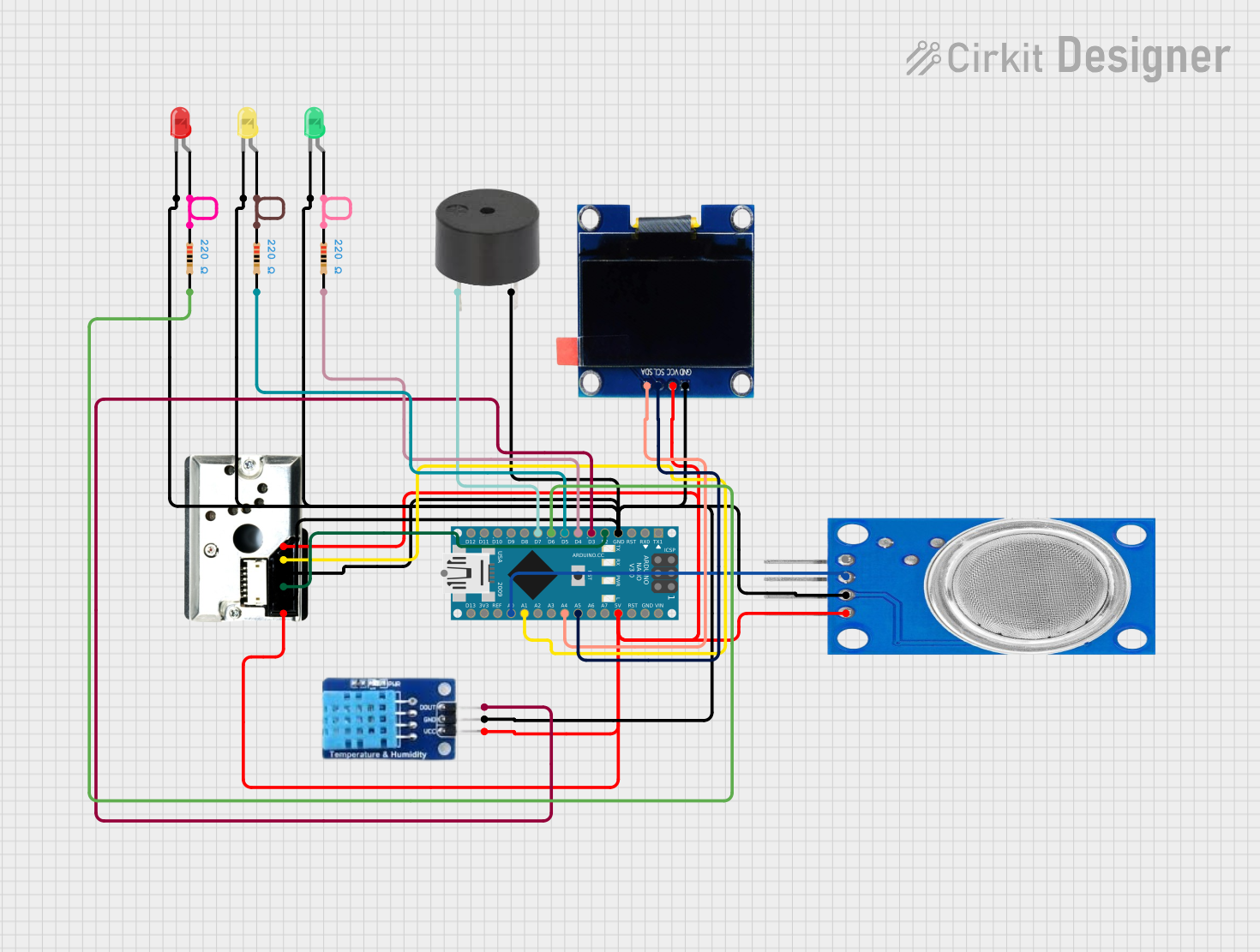 Image of Arduino Nano Environmental Monitoring System with OLED Display and Alarm Indicators