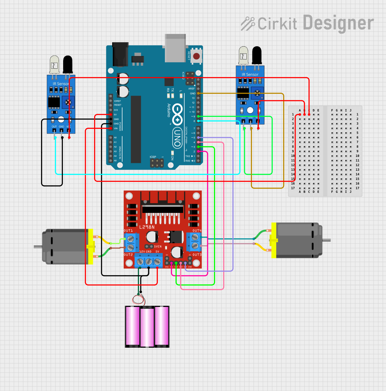 Image of Arduino-Controlled Dual DC Motor Driver with IR Sensing