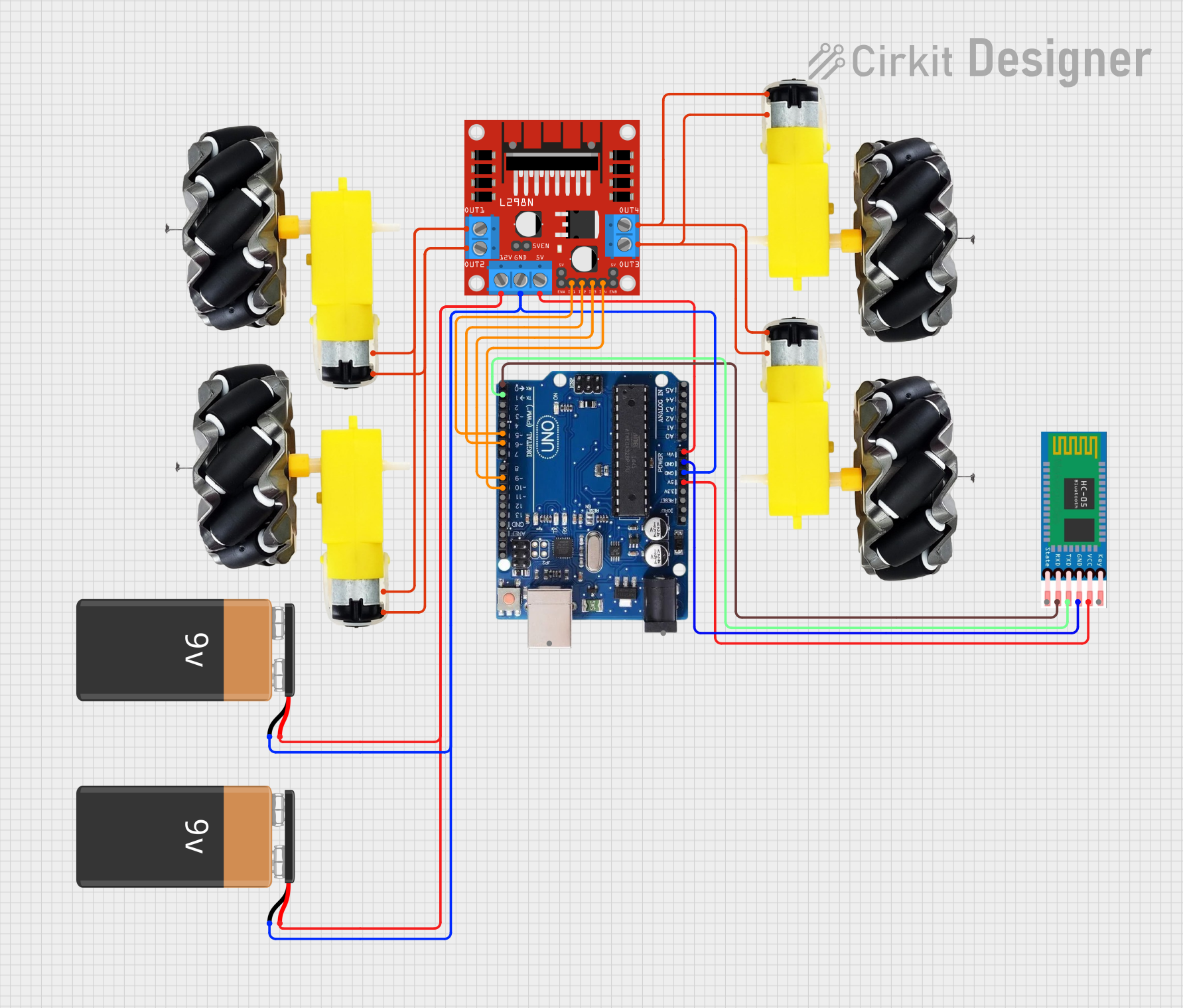 Image of Arduino Bluetooth-Controlled Car with L298N Motor Driver and Four Motors