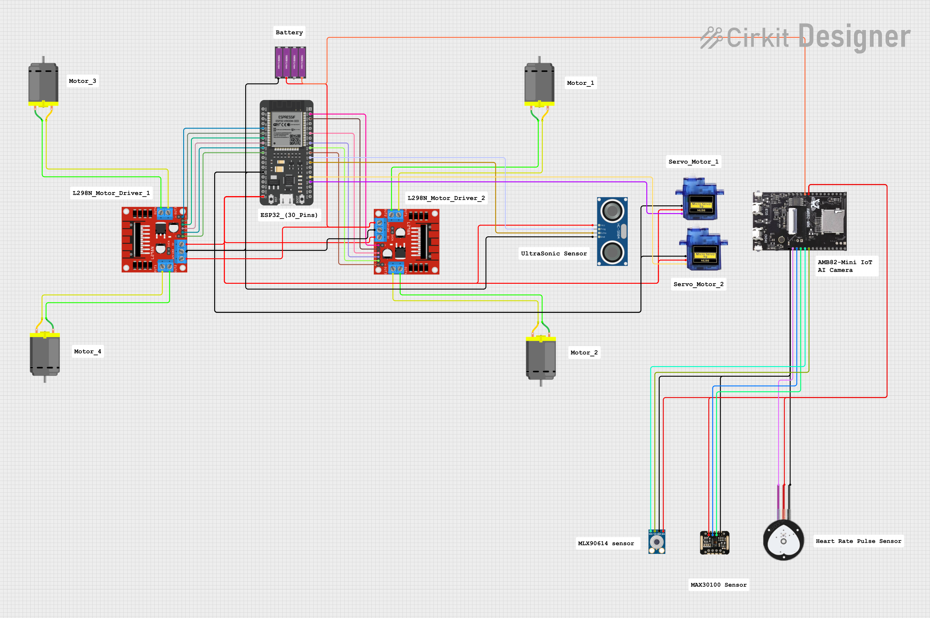 Image of ESP32-Controlled Robotics Platform with Dual L298N Motor Drivers and Sensor Integration