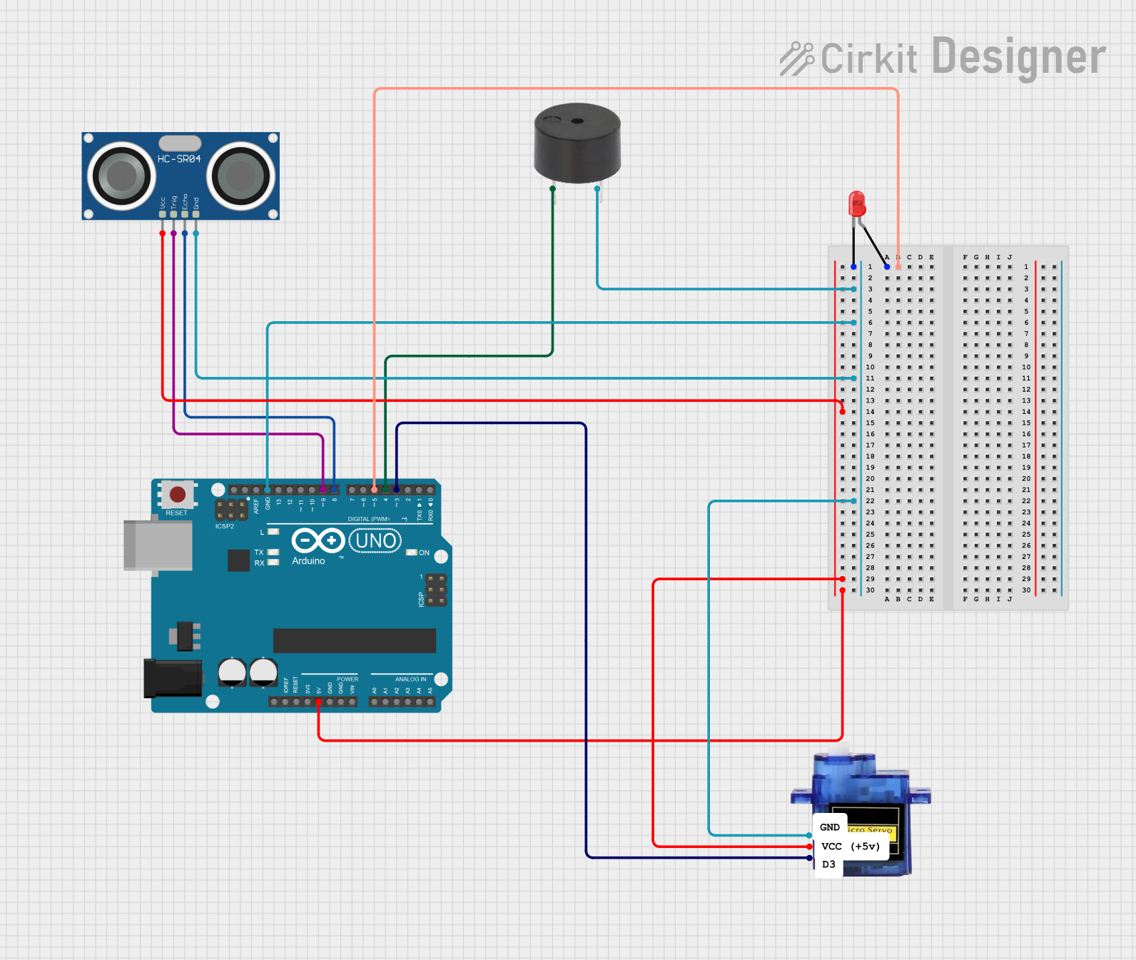 Image of Arduino UNO-Based Proximity Alert System with Ultrasonic Sensor, Servo, LED, and Buzzer