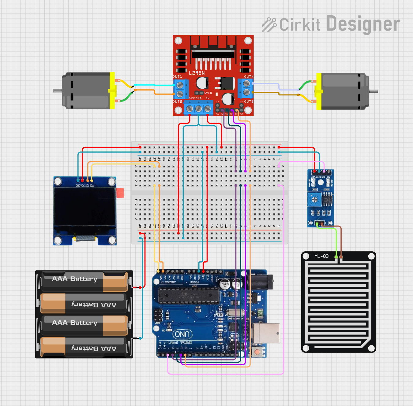 Image of Arduino Uno-Based Rain-Sensing Robot with OLED Display and Battery Power