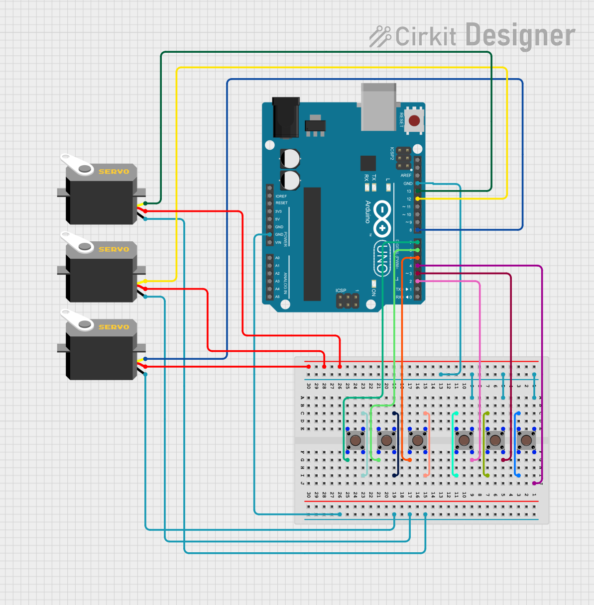 Image of Arduino UNO Controlled Robotic Arm with Multiple Servos and Pushbutton Control