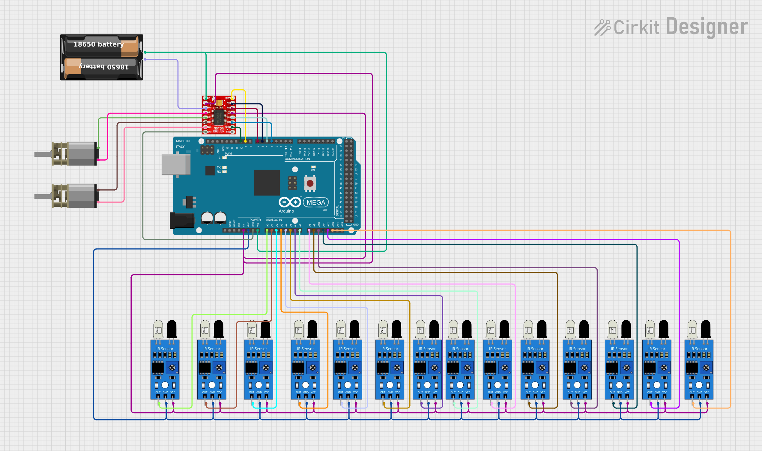 Image of Line follower 14 IR Sensor channel: A project utilizing TB6612FNG Motor Driver in a practical application