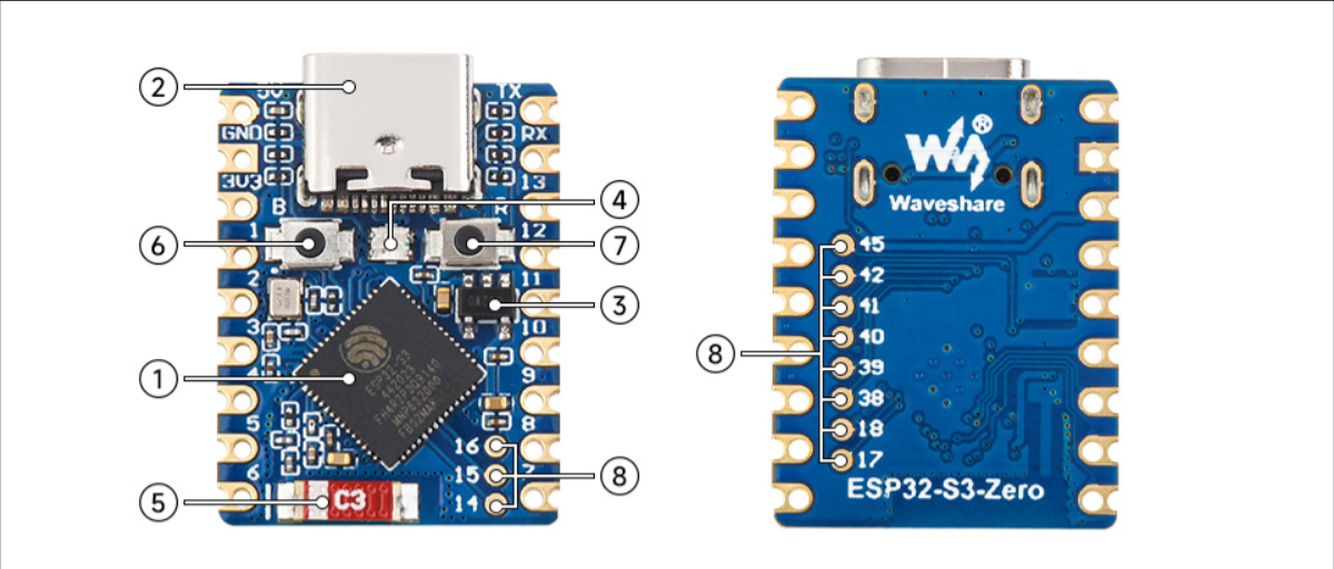 Image of Waveshare ESP32-S3 Mini Development Board, Based on ESP32-S3FH4R2 Dual-Core Processor, 240MHz Running Frequency, 2.4GHz Wi-Fi & Bluetooth 5