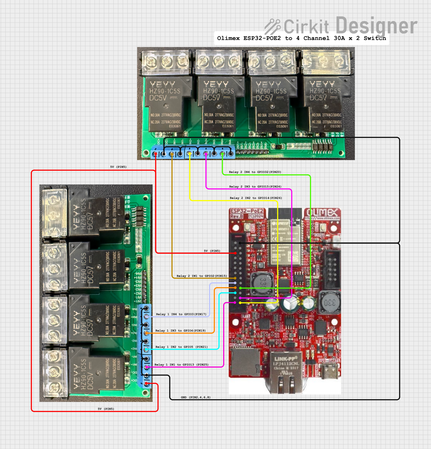 Image of Olimex ESP32-POE2 4Ch x 2 Switch: A project utilizing 4 Channel 30a 5V Relay in a practical application