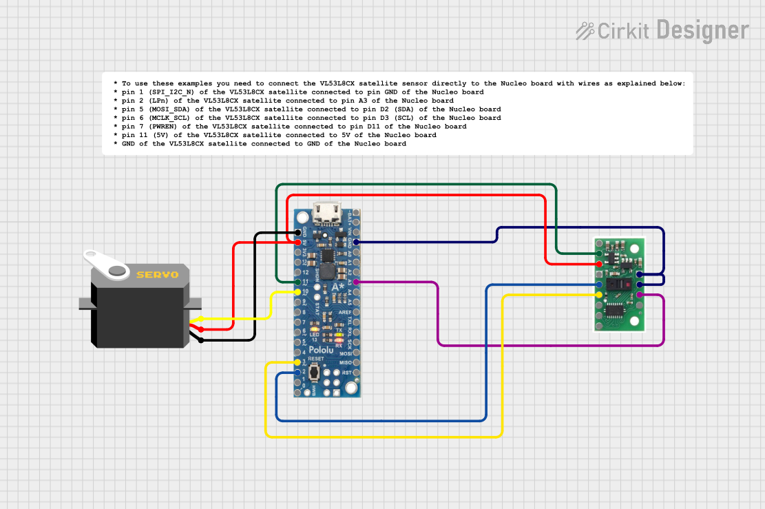 Image of Servo con distance sensor: A project utilizing VL53L8CX Time-of-Flight 8×8-Zone Distance Sensor Carrier with Voltage Regulators in a practical application