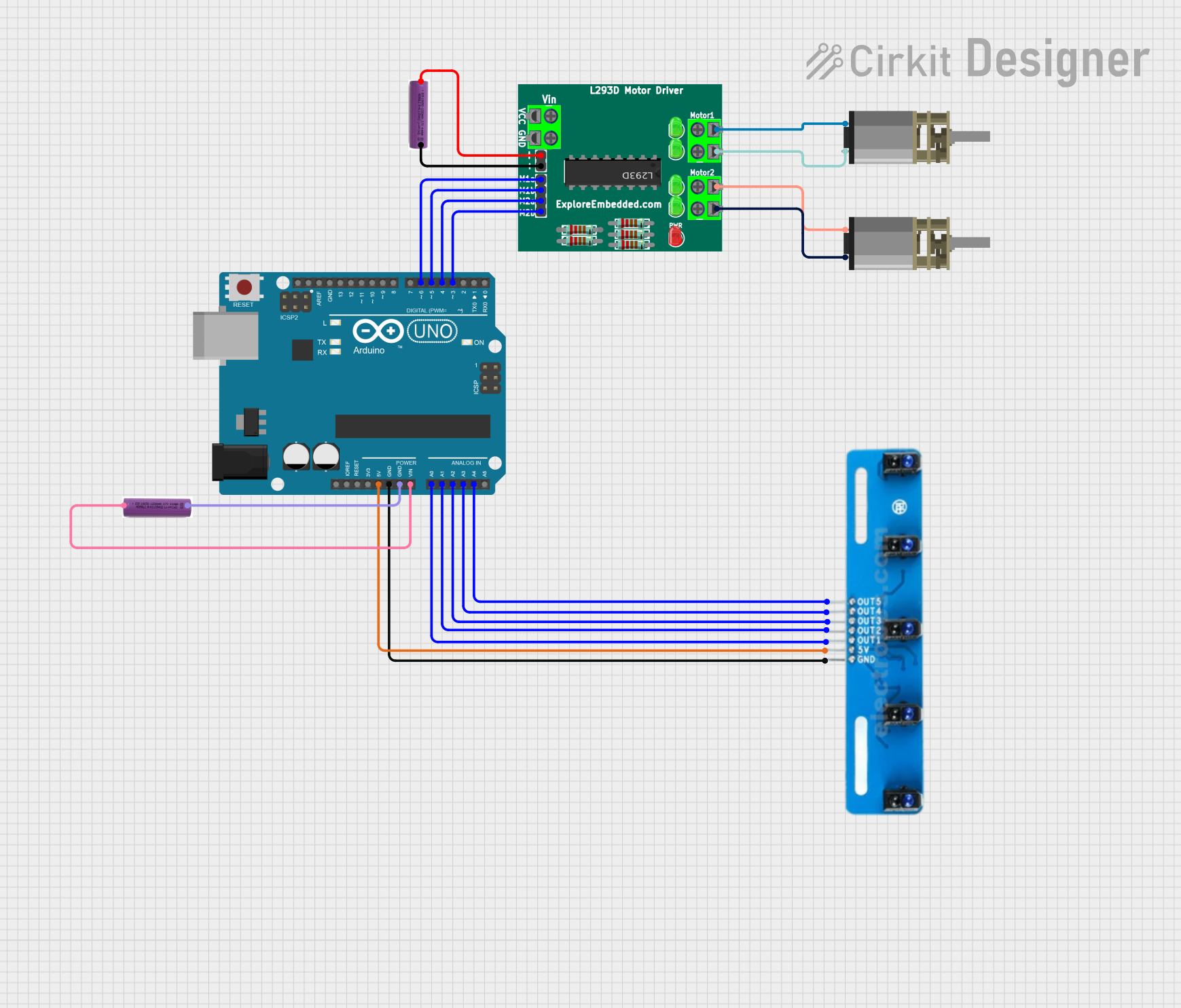 Image of Line Follower Robot circuit: A project utilizing 3 channel line tracking in a practical application