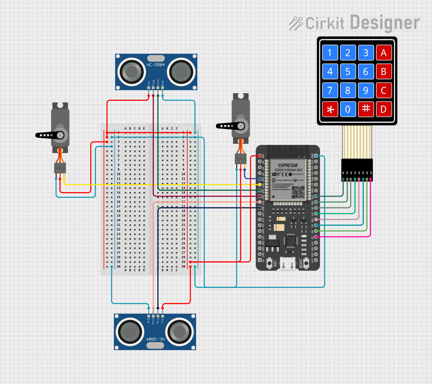 Image of ESP32-Controlled Servo and Ultrasonic Sensor Array with Keypad Interface