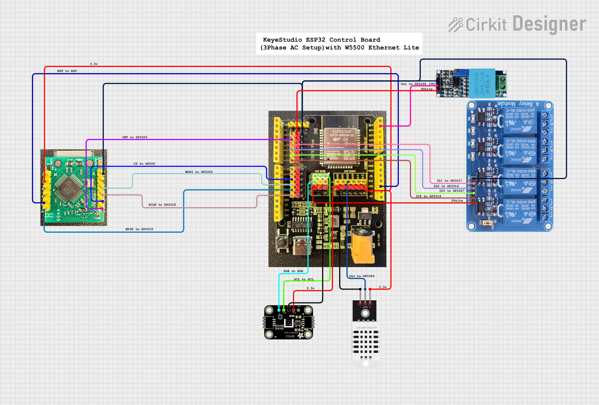 Image of Keyestudio ESP32 Control Board 3Phase AC Setup with W5500 Lite: A project utilizing Keyestudio Control Board for ESP32 in a practical application