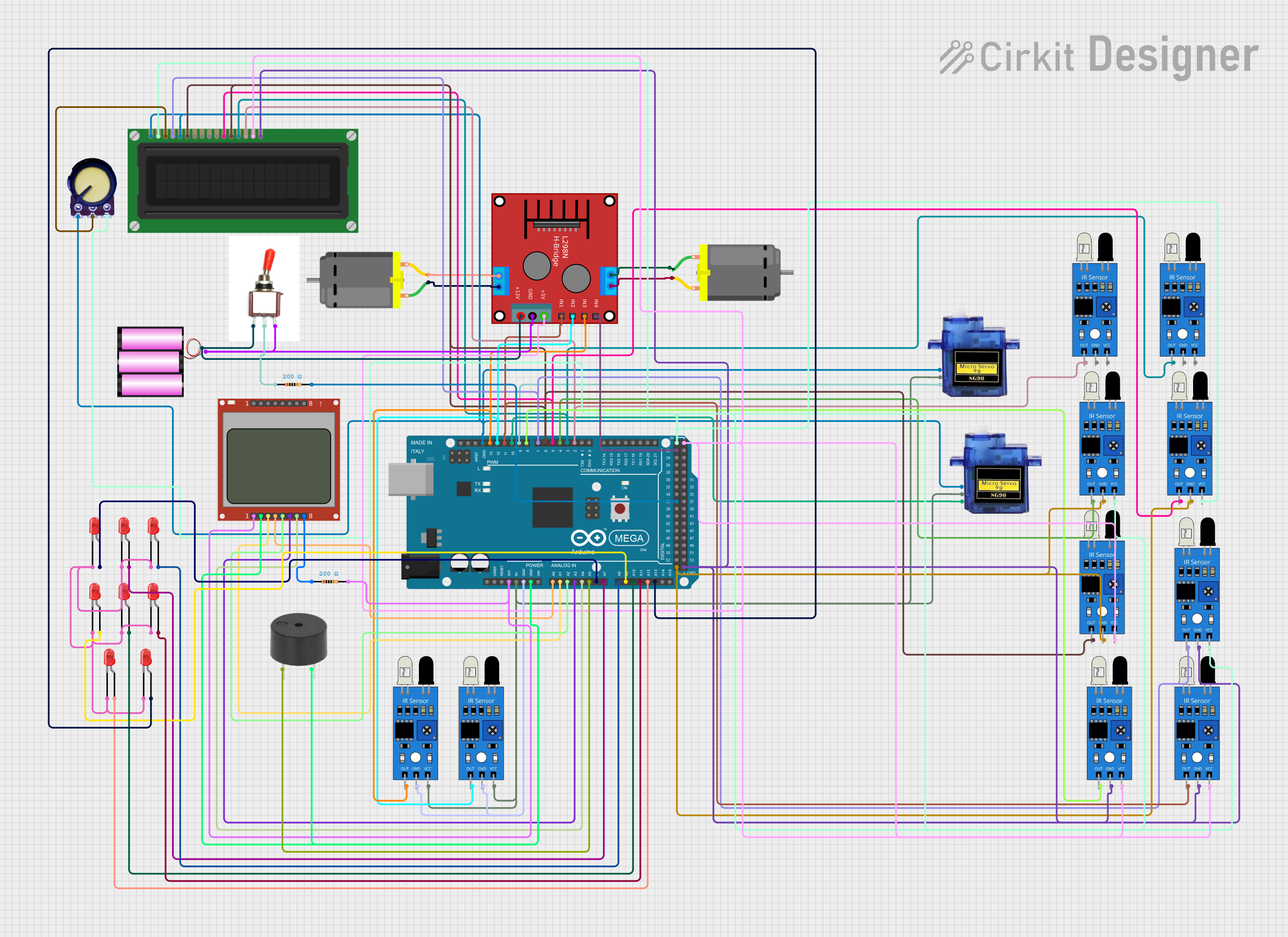 Image of Arduino Mega 2560 Controlled Robotic System with DC Motors, Servos, and IR Sensors