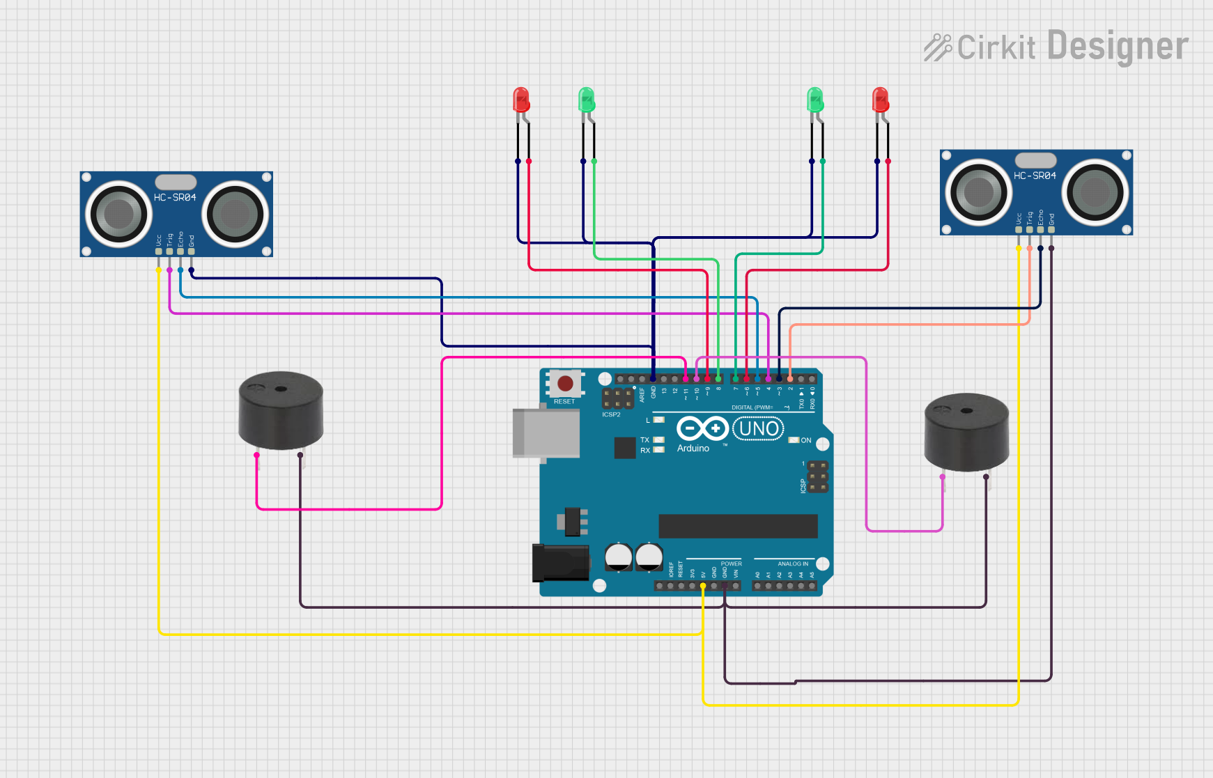 Image of Arduino UNO Based Ultrasonic Distance Measurement with LED and Buzzer Indicators