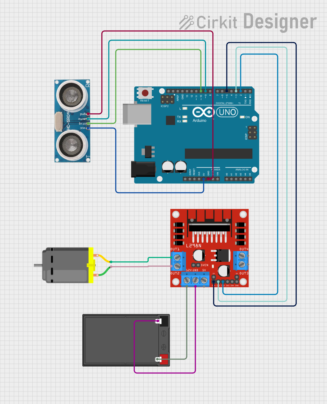 Image of Arduino UNO-Based Ultrasonic Sensor and DC Motor Control System with L298N Driver