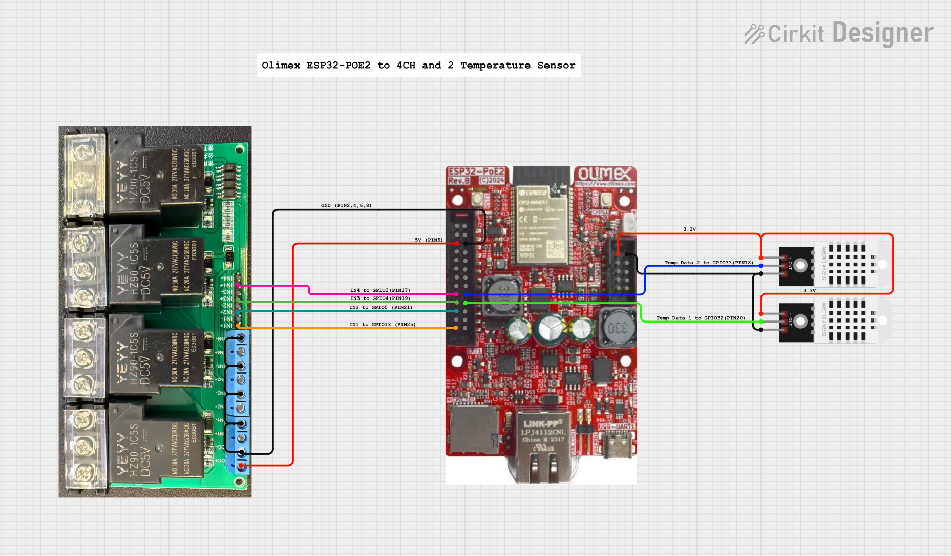 Image of Olimex ESP32-POE2 4Ch and 2 Temp Sensors: A project utilizing 30A Relay Board in a practical application