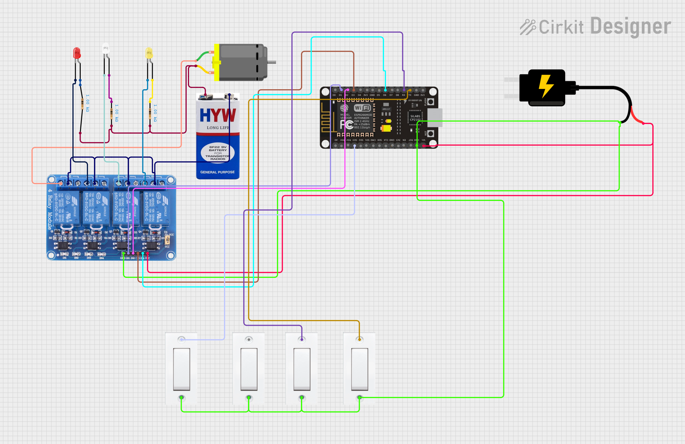 Image of ESP8266 NodeMCU Controlled Relay System with Multi-Color LED Indicators and DC Motor