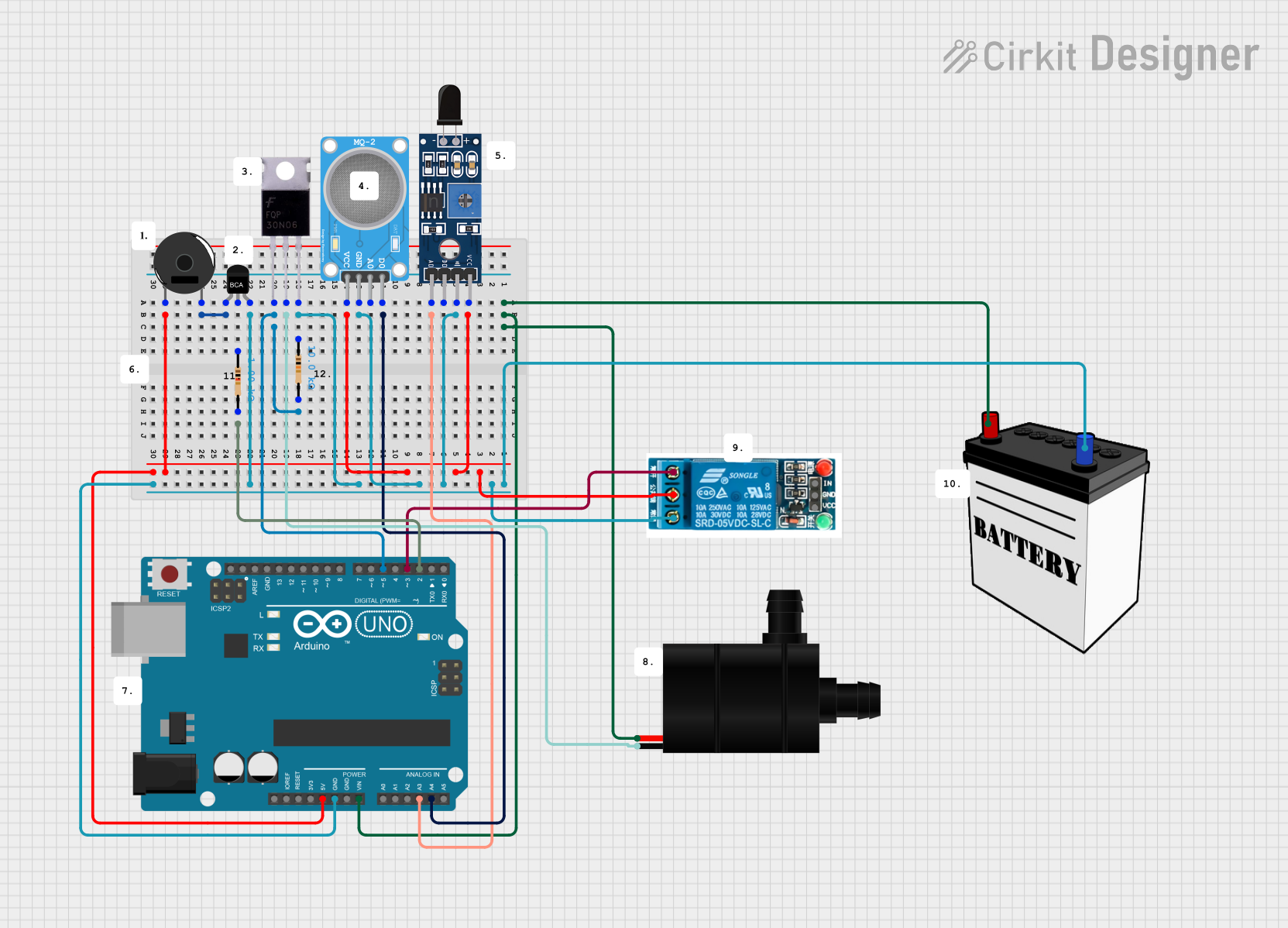 Image of Arduino UNO-Based Fire and Gas Detection Safety System with Automated Water Pump Response
