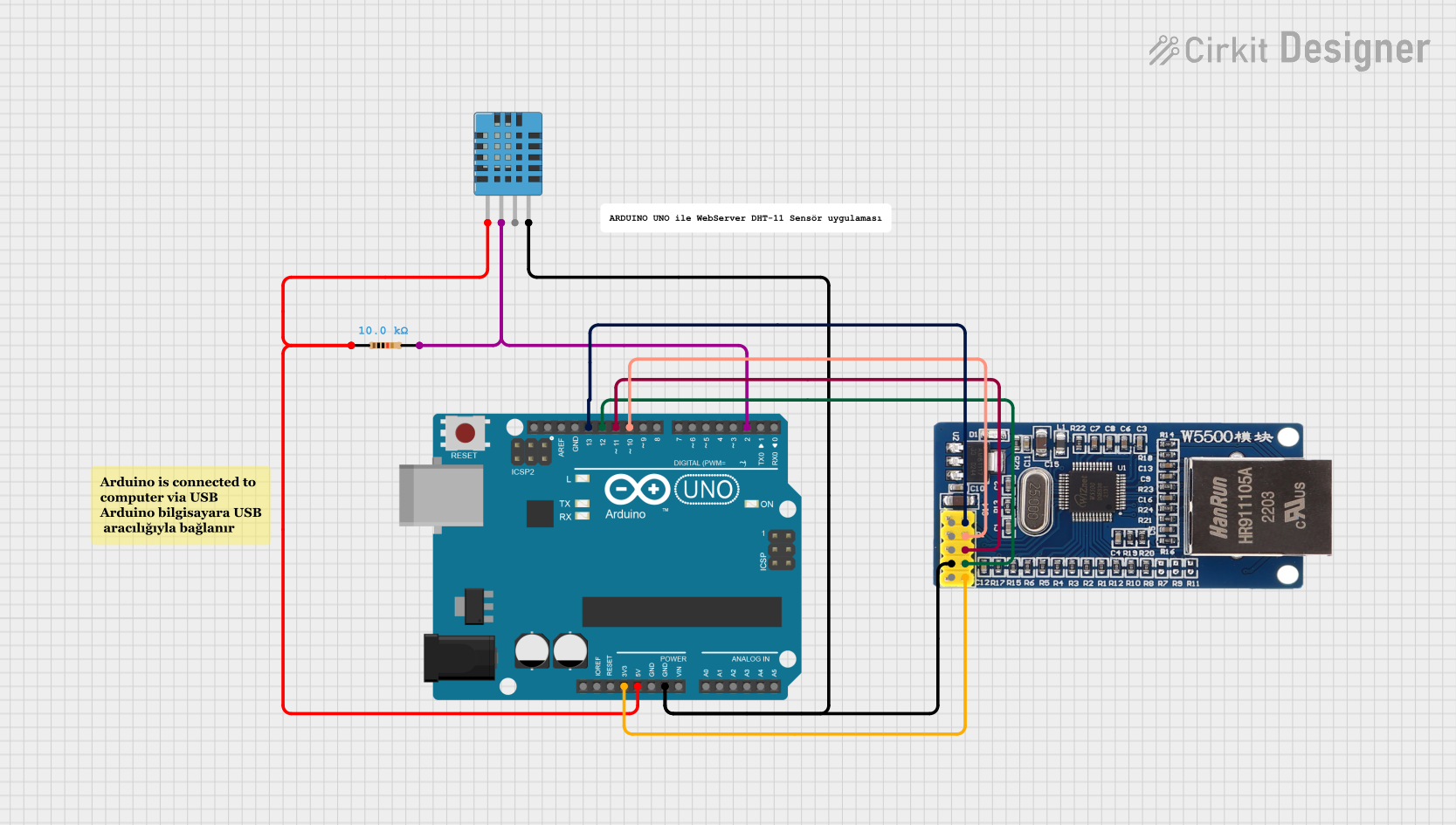 Image of Arduino UNO Webserver with DHT11 Sensor and W5500 Ethernet Module for Temperature and Humidity Monitoring