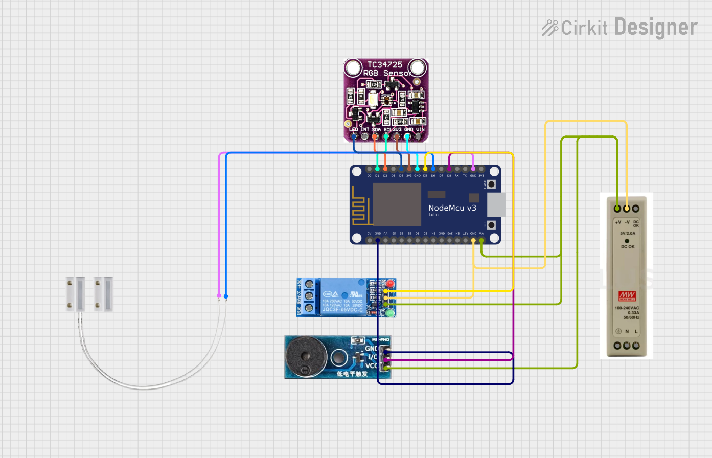 Image of NodeMCU 8266 V3 rgb color sensor buzzer relay low level trigger: A project utilizing Flora TCS34725 Color Sensor in a practical application