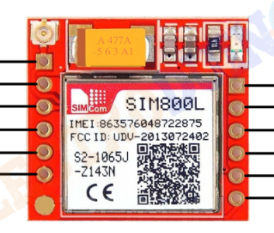 Image of SIM800L GSM module (with external antenna + SIM card)