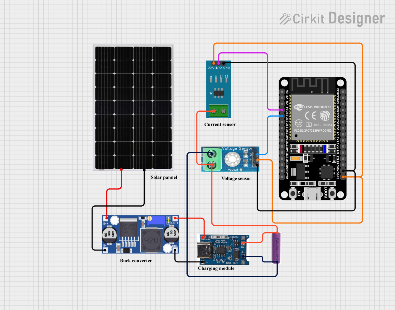 Image of ESP32 Solar-Powered Battery Monitoring System with Voltage and Current Sensors