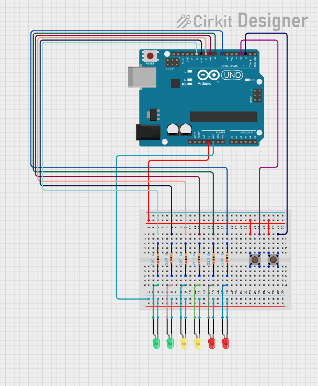 Image of Arduino UNO-Based LED Control System with Pushbuttons