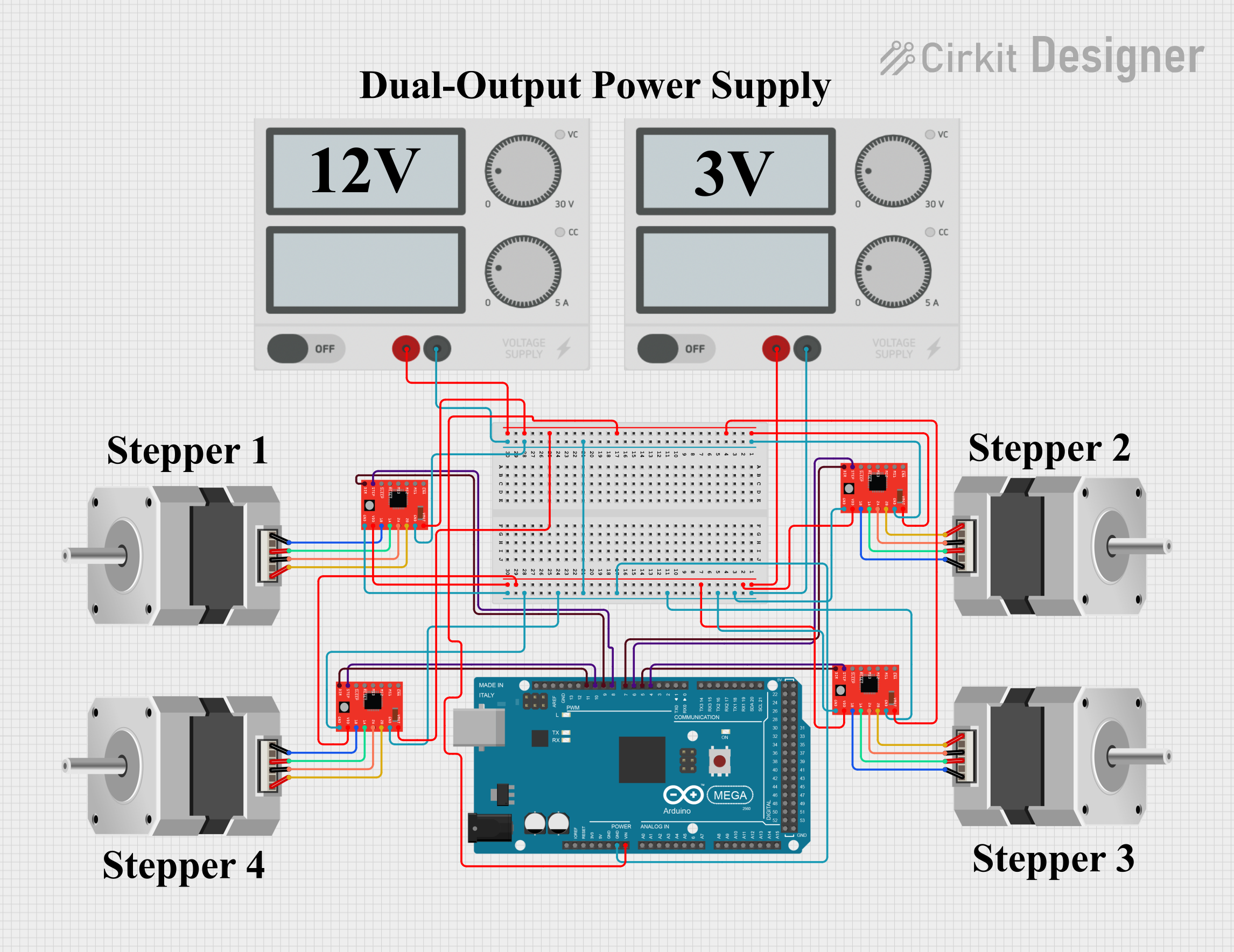 Image of Arduino Mega 2560 Controlled Multi-Stepper Motor System with A4988 Drivers