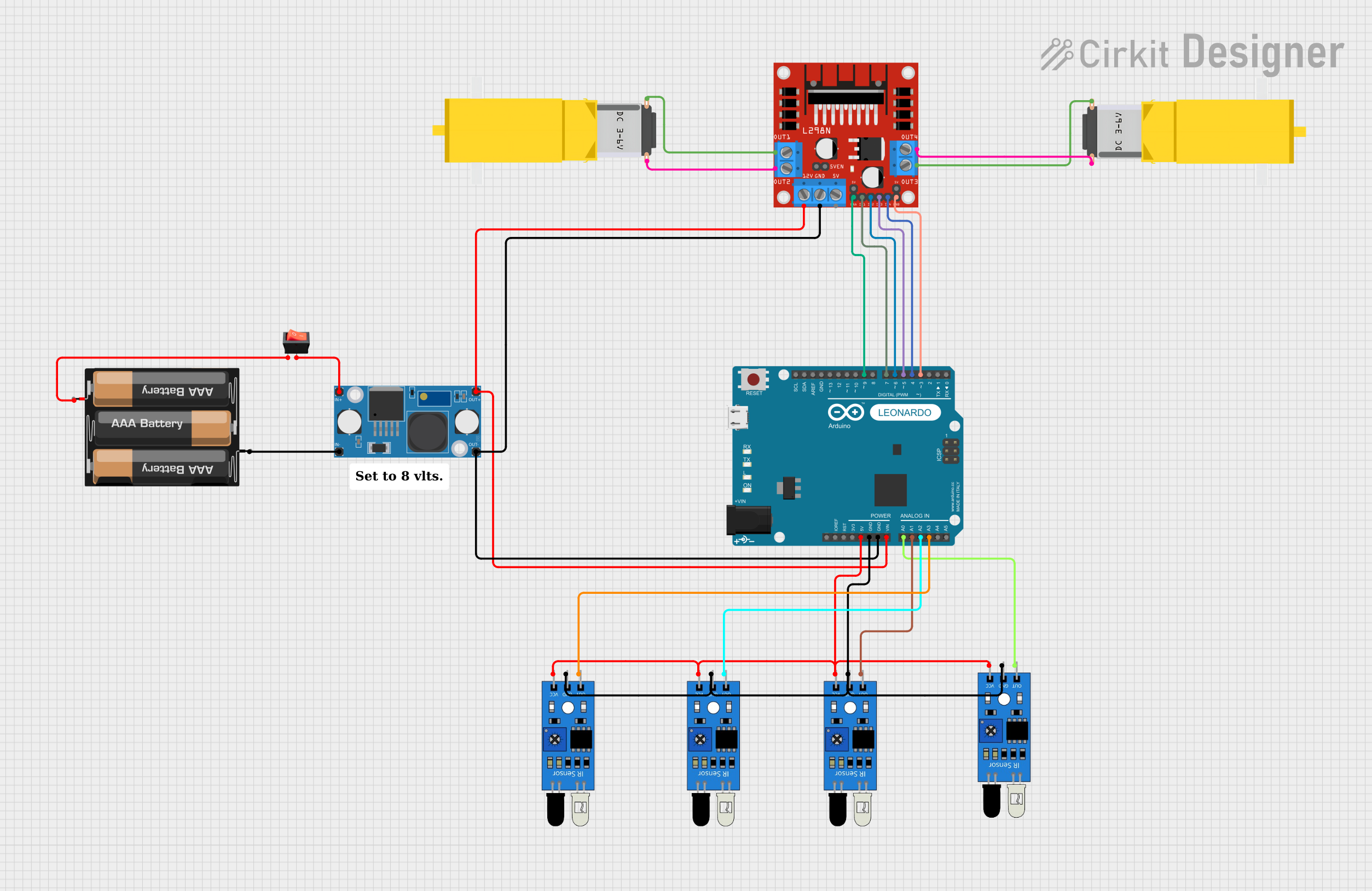 Image of LFR Car Circuit: A project utilizing L298P drive shield in a practical application