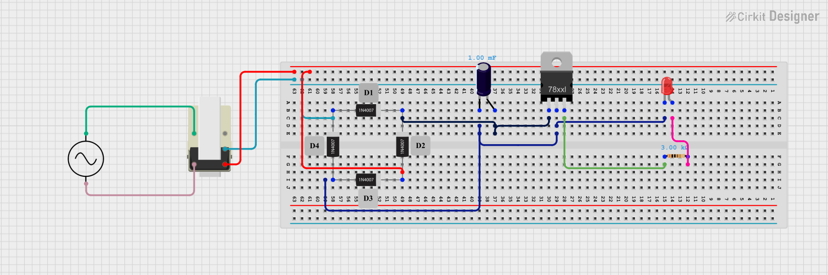 Image of Copy of 8 volt AC to DC convertor (1): A project utilizing BRIDGE - 1N4007 in a practical application