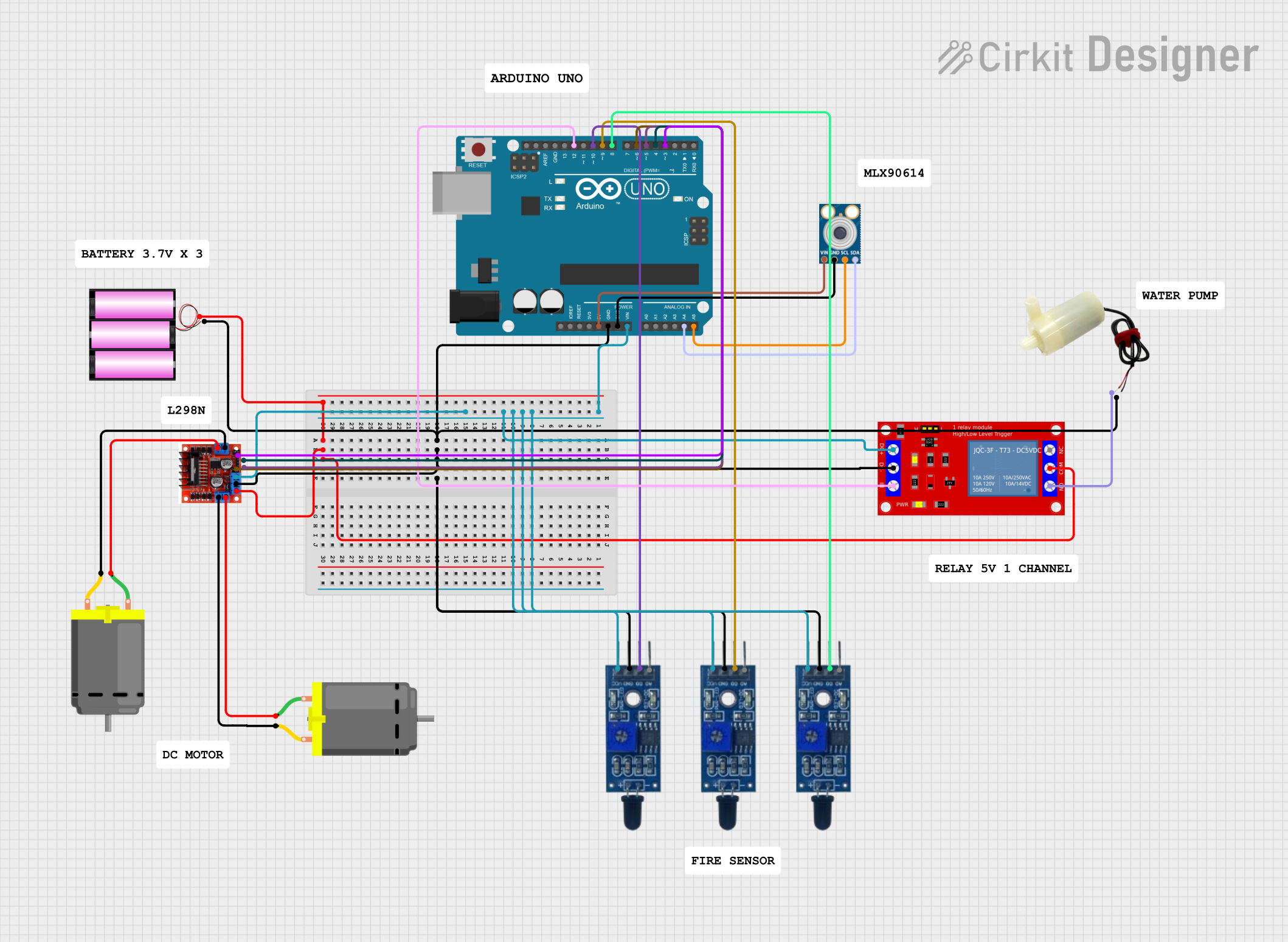 Image of Arduino-Controlled Flame Detection System with Motorized Response and Infrared Temperature Sensing