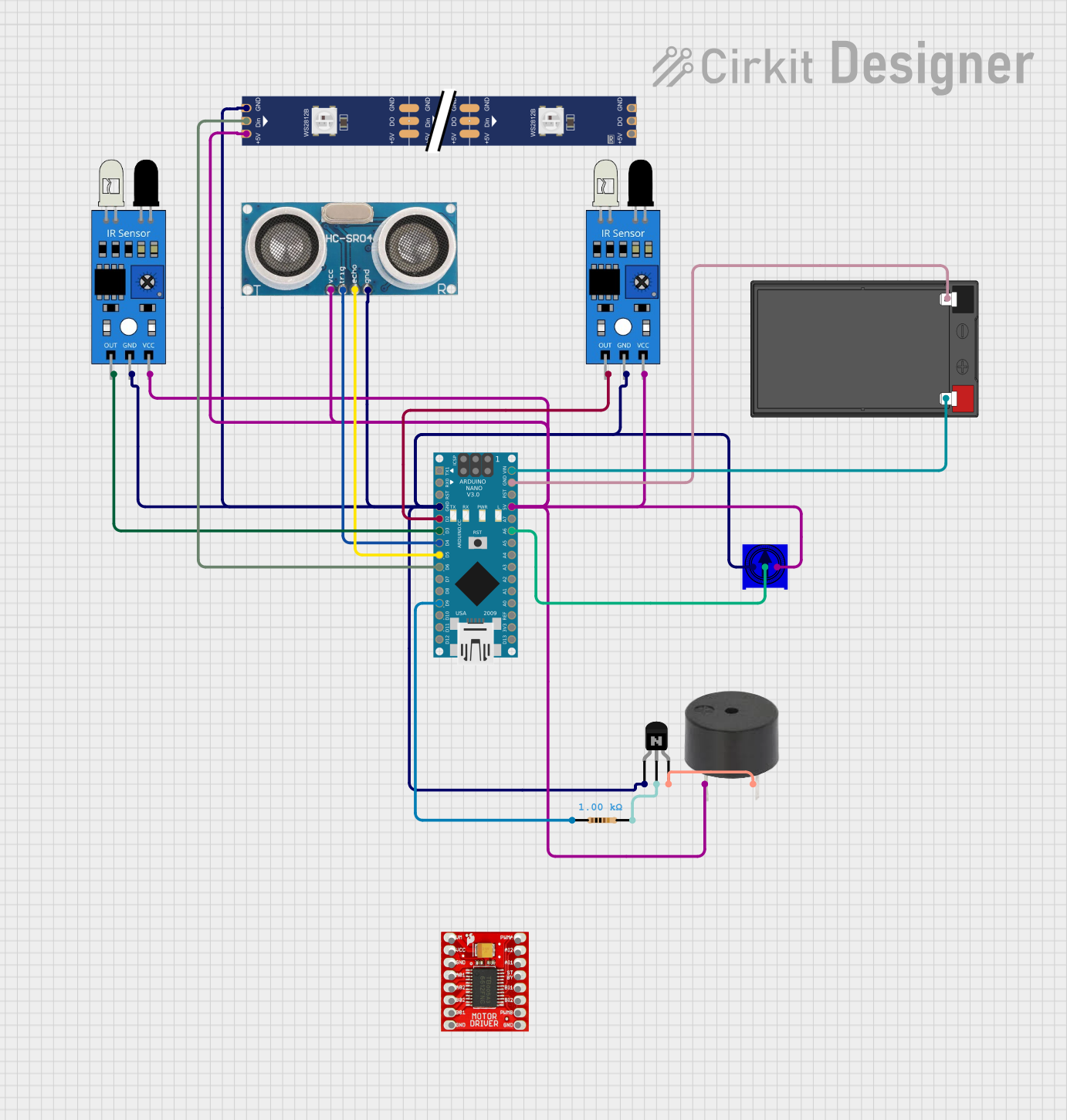 Image of Arduino Nano-Based Smart Sensor System with Ultrasonic and IR Sensors, RGB LED Strip, and Battery Power