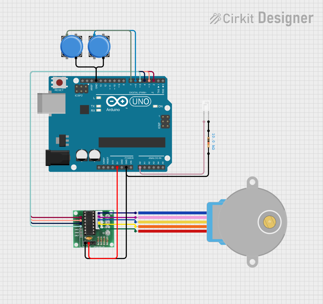 Image of Arduino UNO Controlled Stepper Motor with Phototransistor and Pushbutton Inputs