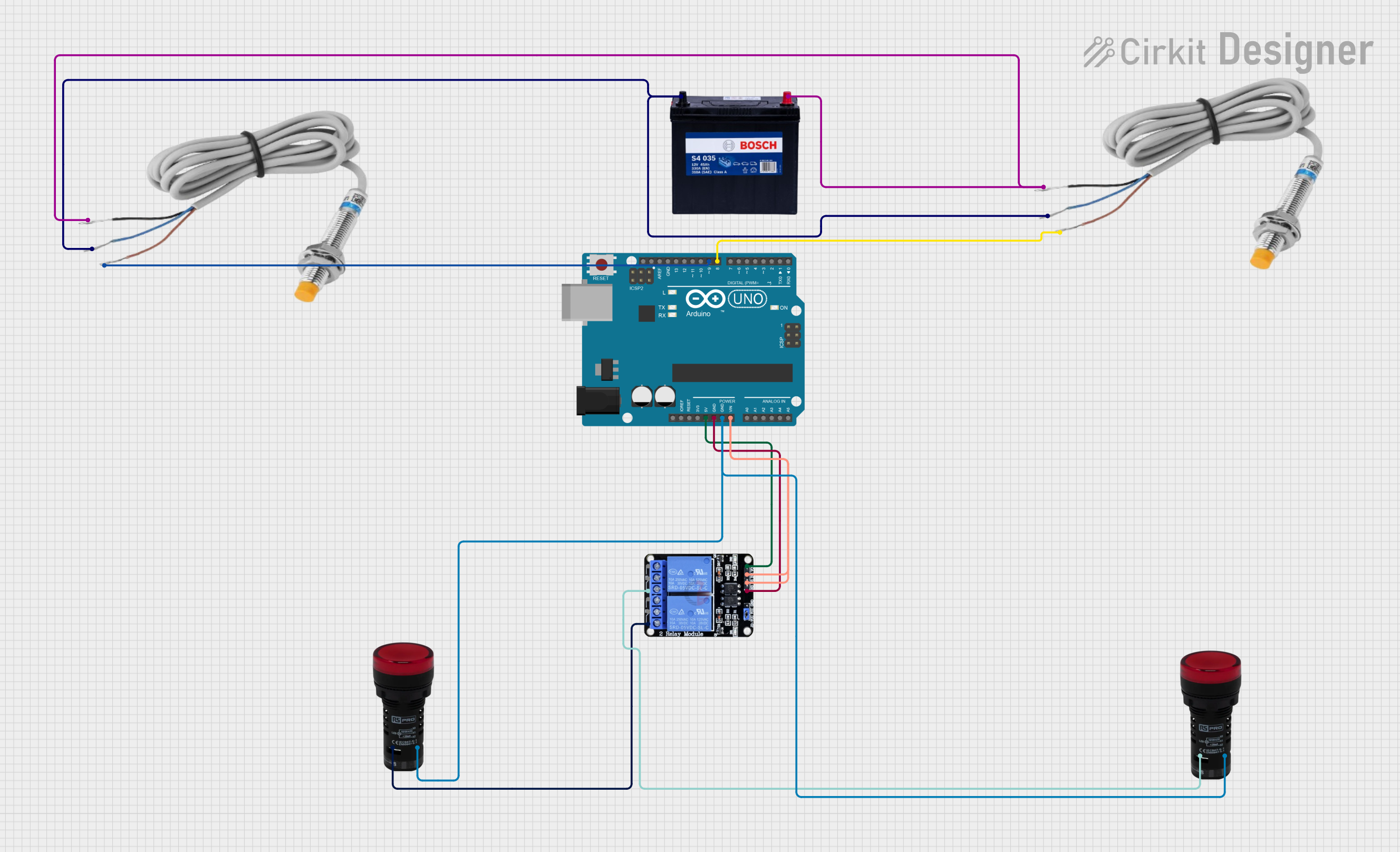 Image of Arduino-Controlled Inductive Sensor System with Relay-Activated Pilot Lamps