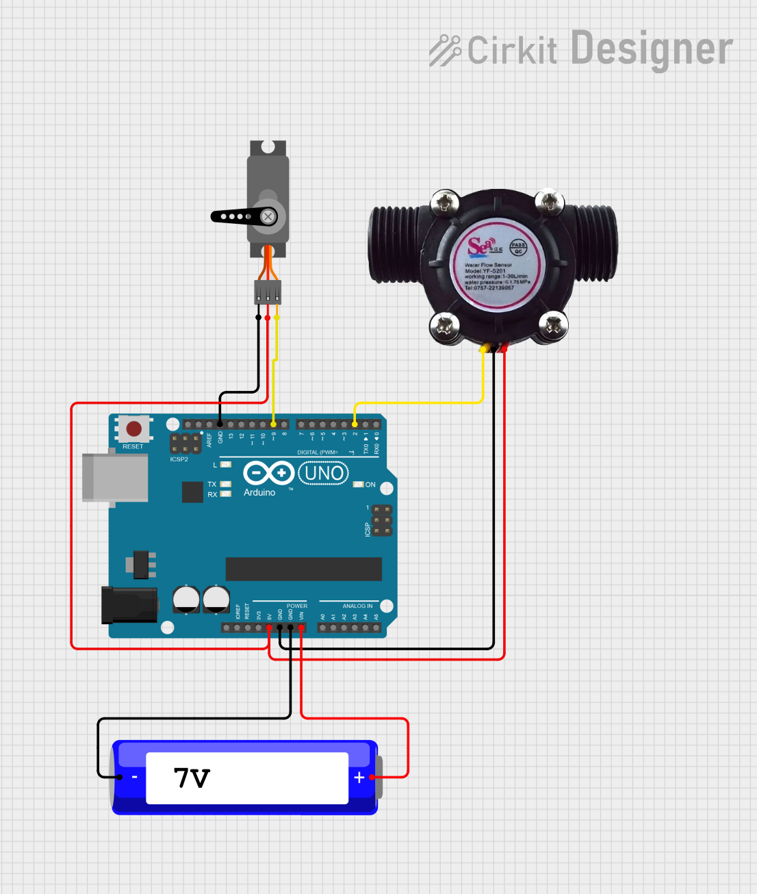 Image of Arduino UNO-Based Battery-Powered Water Flow Monitoring System with Servo Control