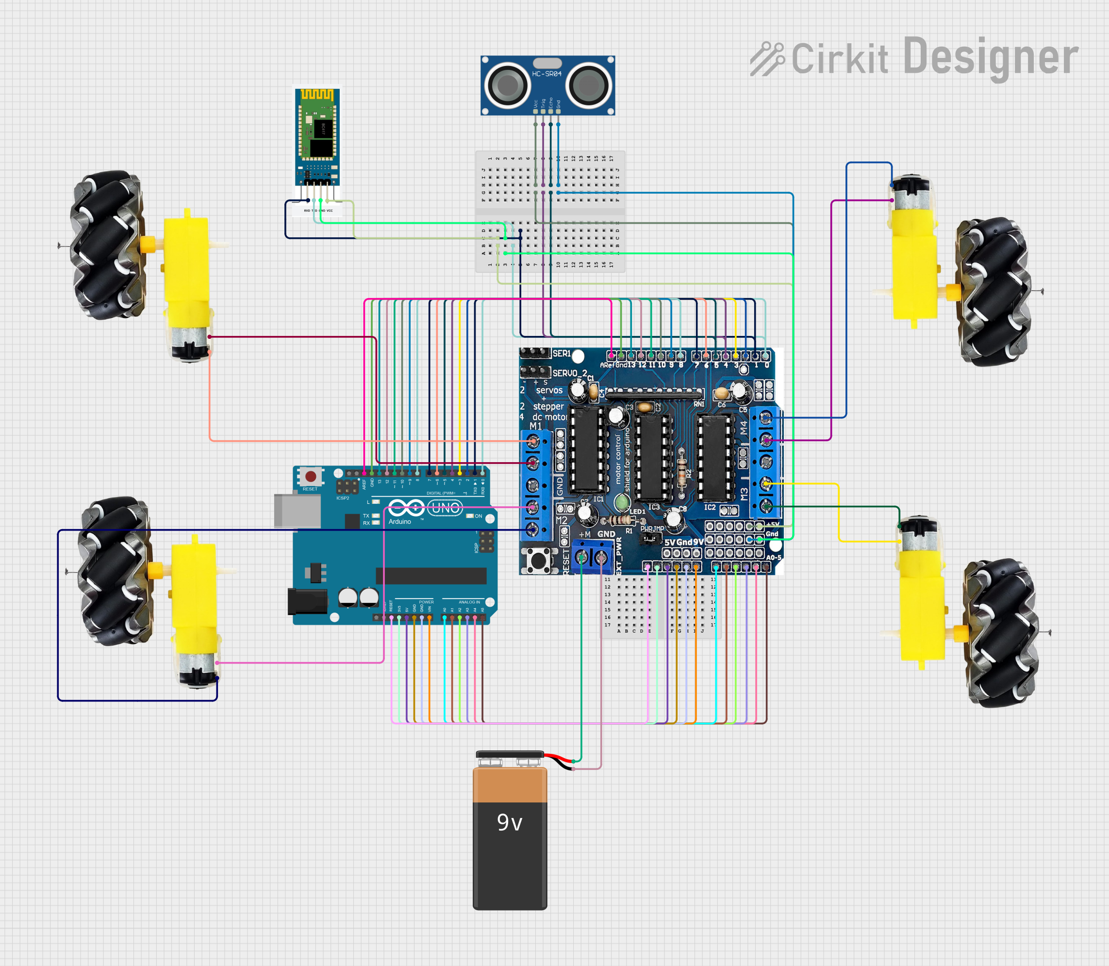 Arduino UNO and L293D Bluetooth Controlled Robotic Car with Ultrasonic Sensor How to Guide and Editable Circuit Cirkit Designer