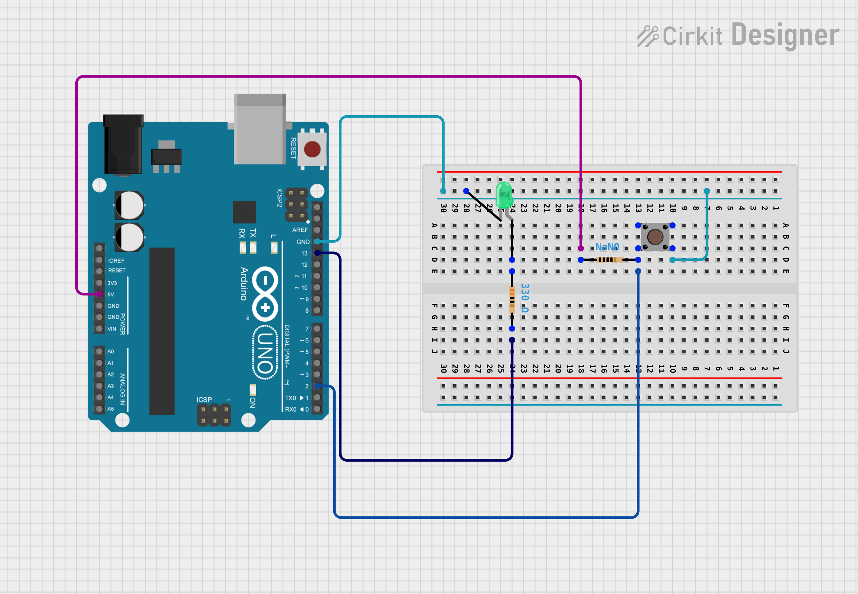 Image of one green led, one button, pull-up: A project utilizing Green Button in a practical application