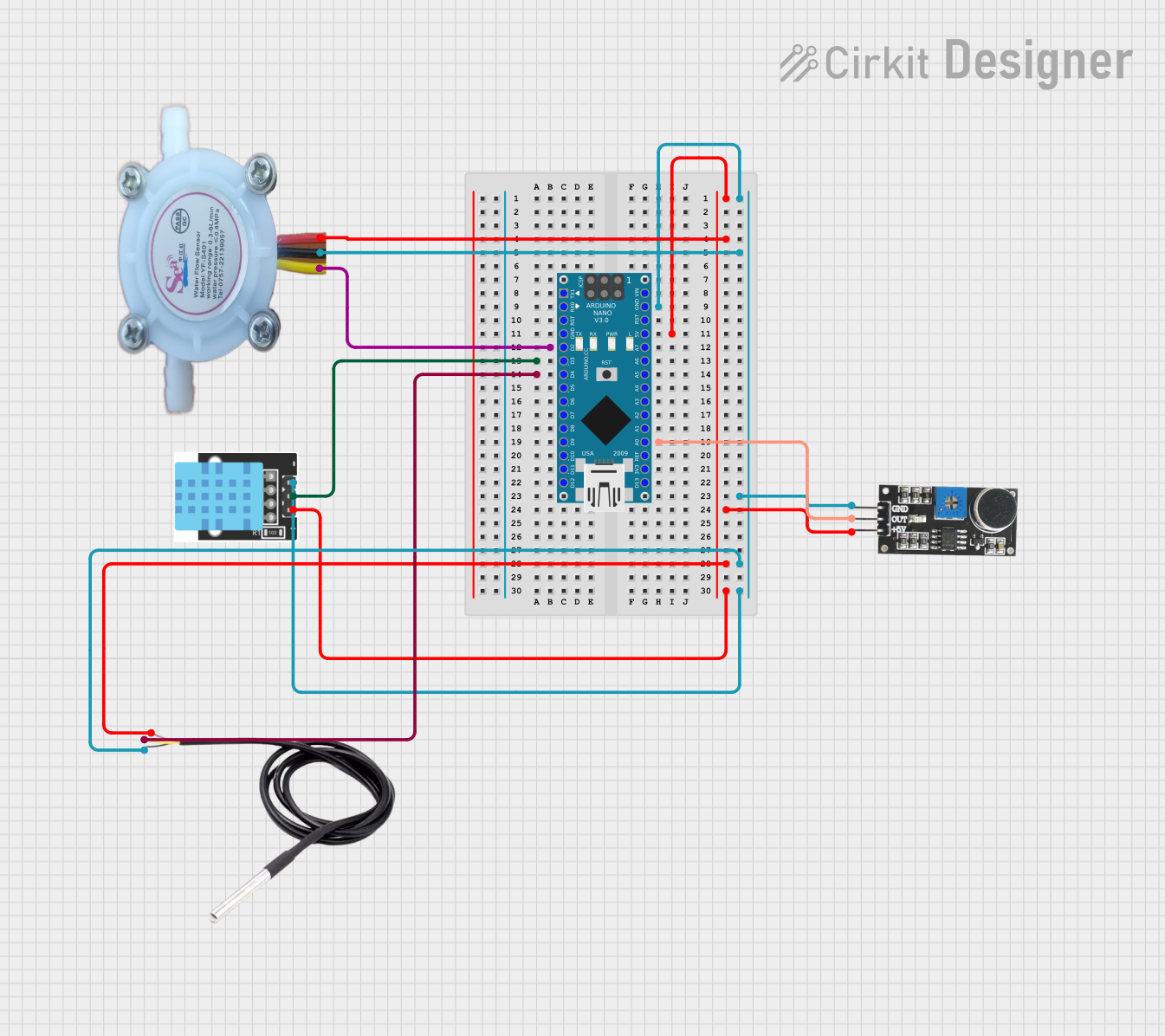 Image of Arduino Nano-Based Environmental Monitoring System with Water Flow, Temperature, Humidity, and Sound Sensors