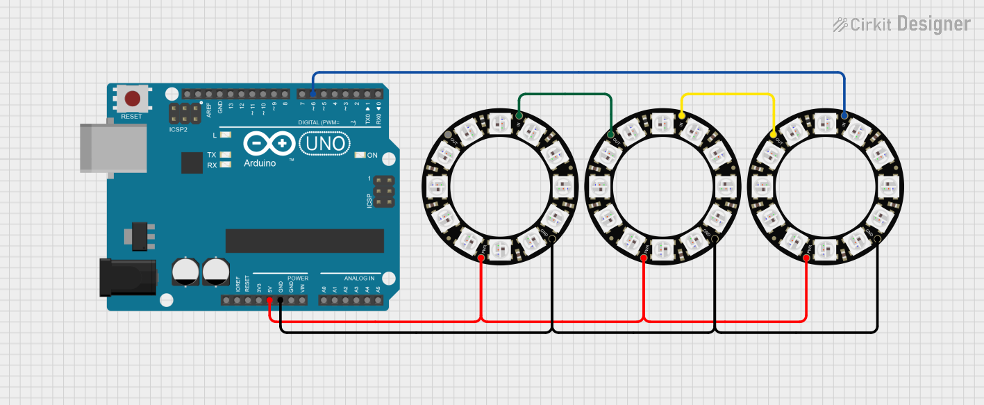 Image of Chained Neopixel Rings - Simulation Demo: A project utilizing Breadboard-friendly RGB Smart NeoPixel in a practical application