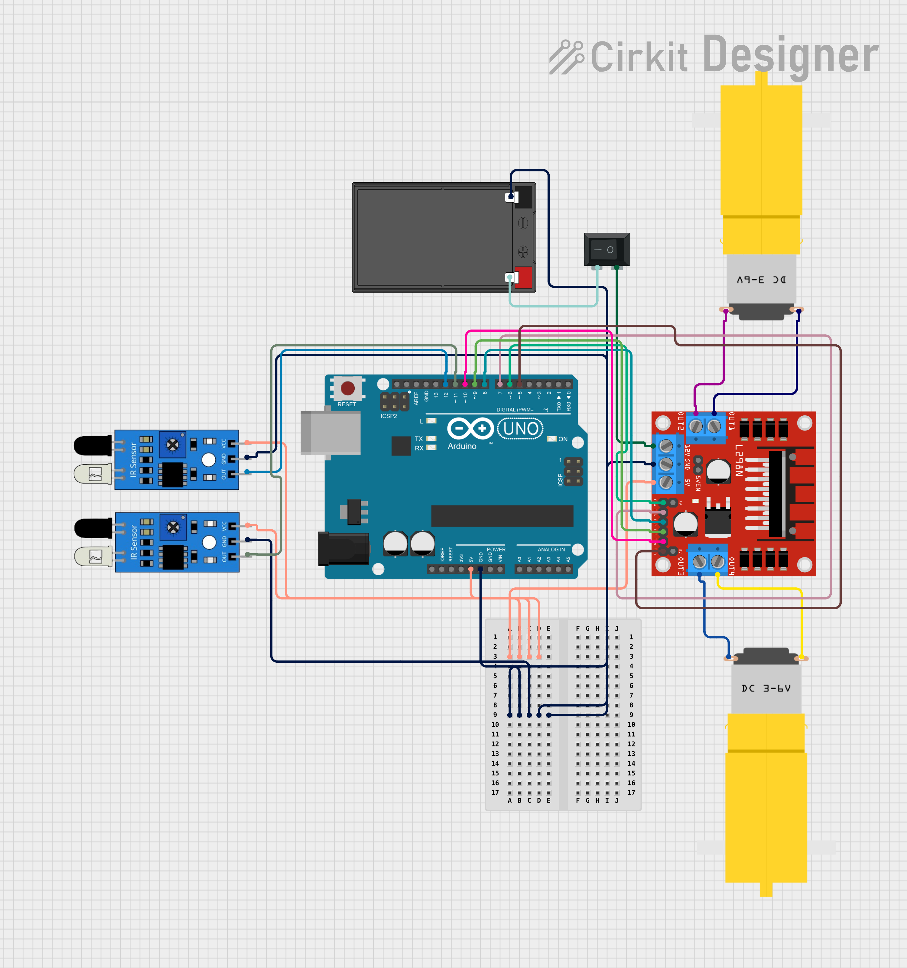 Image of Arduino-Controlled Line-Following Robot with Dual IR Sensors and L298N Motor Driver