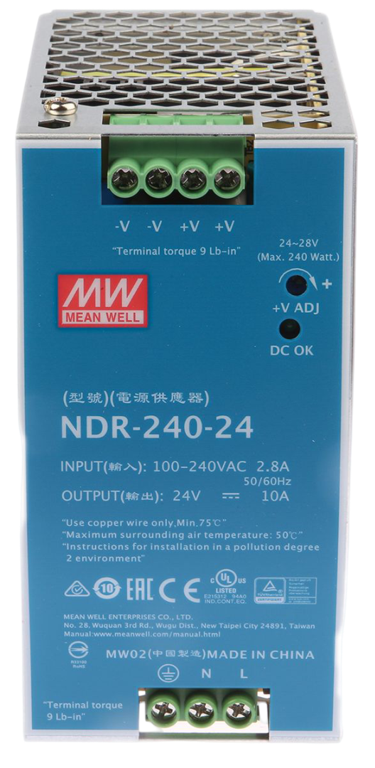 Image of Mean Well NDR Switch Mode DIN Rail Power Supply 90 → 264V ac Input, 24V dc Output, 10A 240W