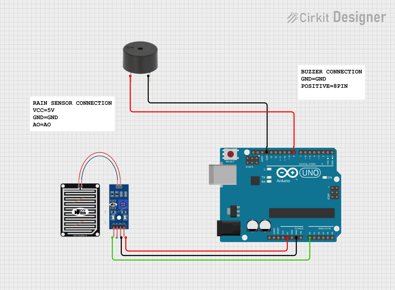 Image of Arduino UNO Rain Detection System with Buzzer Alert